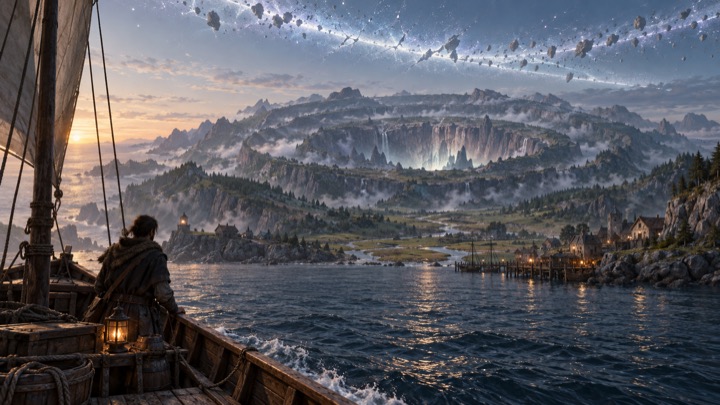 A ship approaches a crater-ringed island beneath a cracked sky full of floating rock.