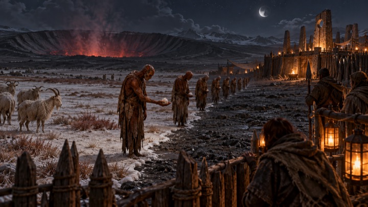 Pale figures approach a fence at night with outstretched hands.