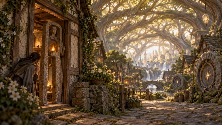 A glowing forest of arched branches seen past a cottage doorway.