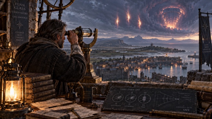 An astronomer looks through a brass lens at strange lights in the sky.