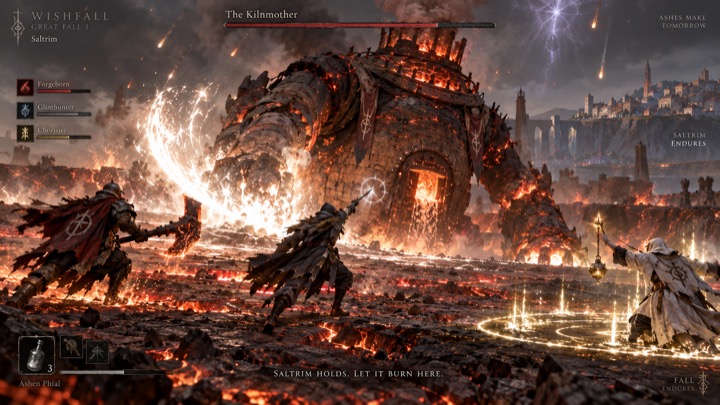 Three chasers fight a towering kiln-bodied giant on burning ground.