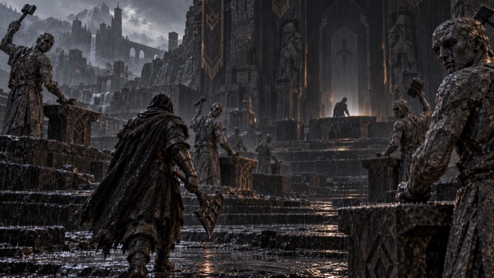 A chaser walks among grey slag figures frozen at their anvils.