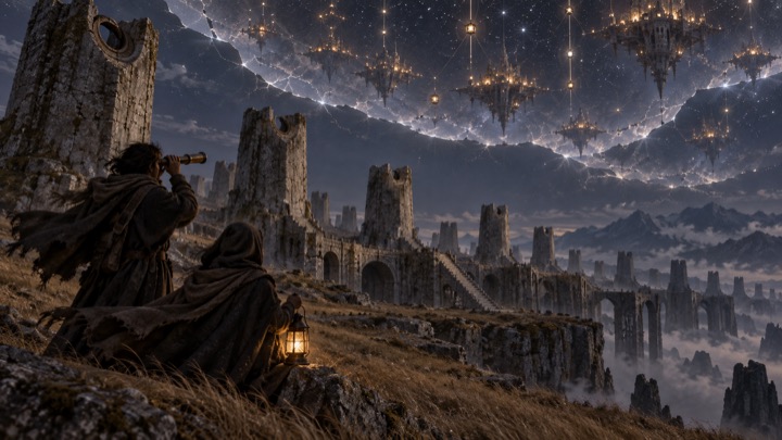 Chasers look up at lantern towns hanging inside the crack in the sky.