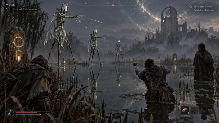 Tall mirror-faced figures wade through still fen water.