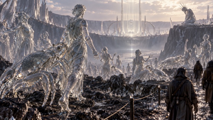 Chasers cross a field of glass figures under a pale sky.