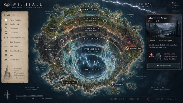 An illustrated map of the island with five concentric rings.