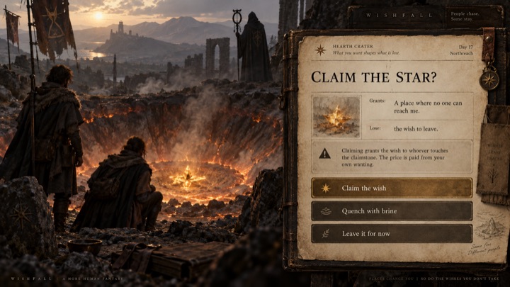 A parchment prompt offering to claim a star, over a smoking crater.