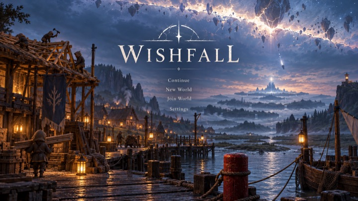 The Wishfall title over a lantern-lit harbour at dusk.