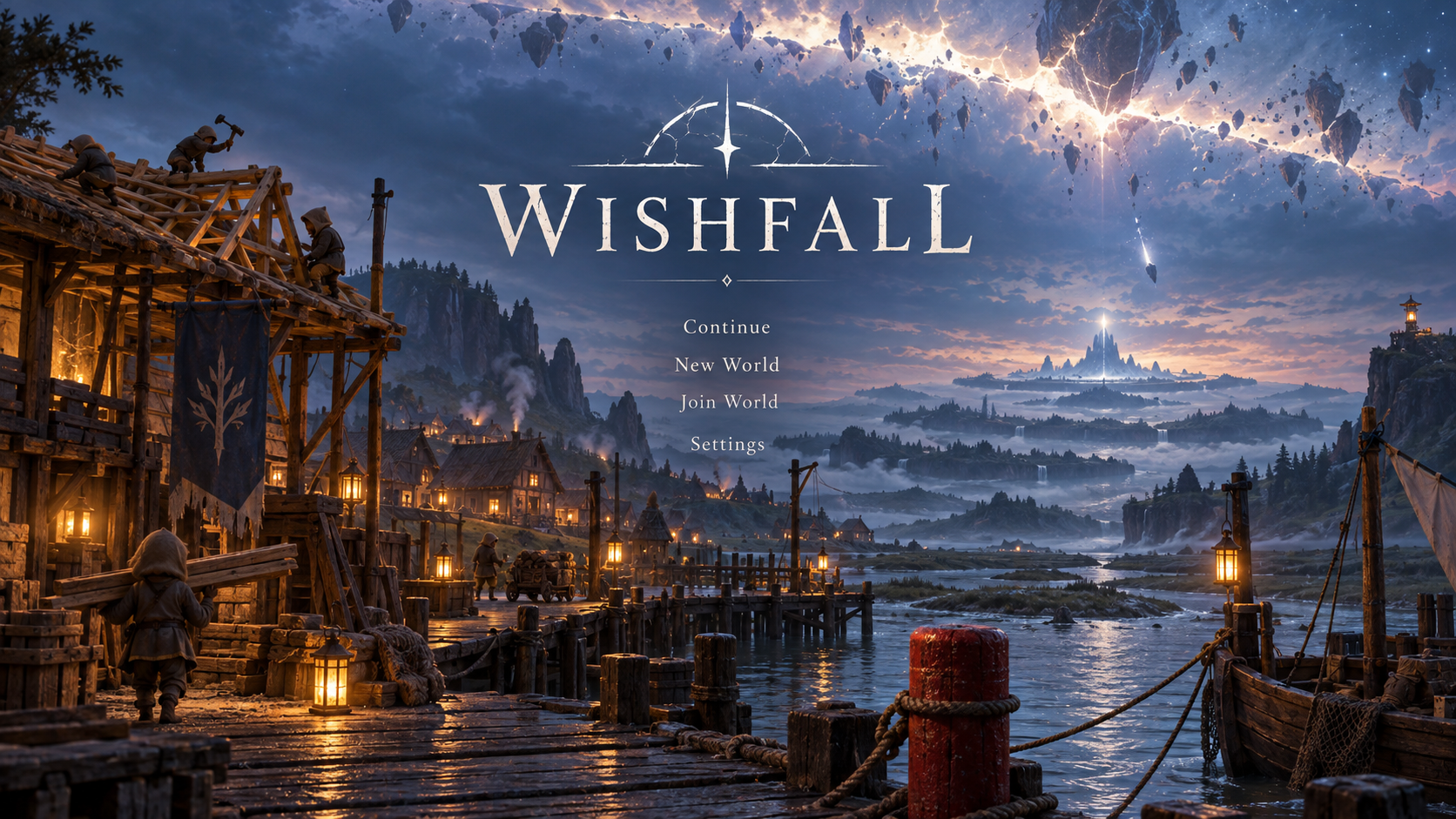 Wishfall title screen concept over a lantern-lit harbour